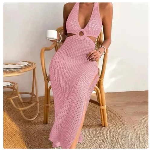 Ring Linked Cut Out Split Thigh Halter Neck Cover Up Dress - Image 3