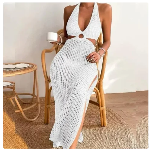 Ring Linked Cut Out Split Thigh Halter Neck Cover Up Dress - Image 2