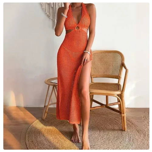 Ring Linked Cut Out Split Thigh Halter Neck Cover Up Dress