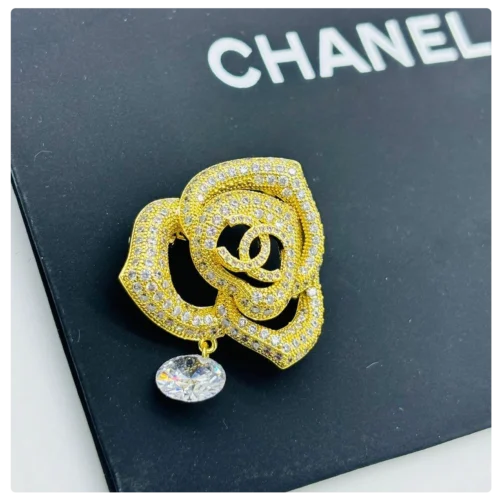 Chanel Gold Crystal & Diamond Drop Double “C” Brooch