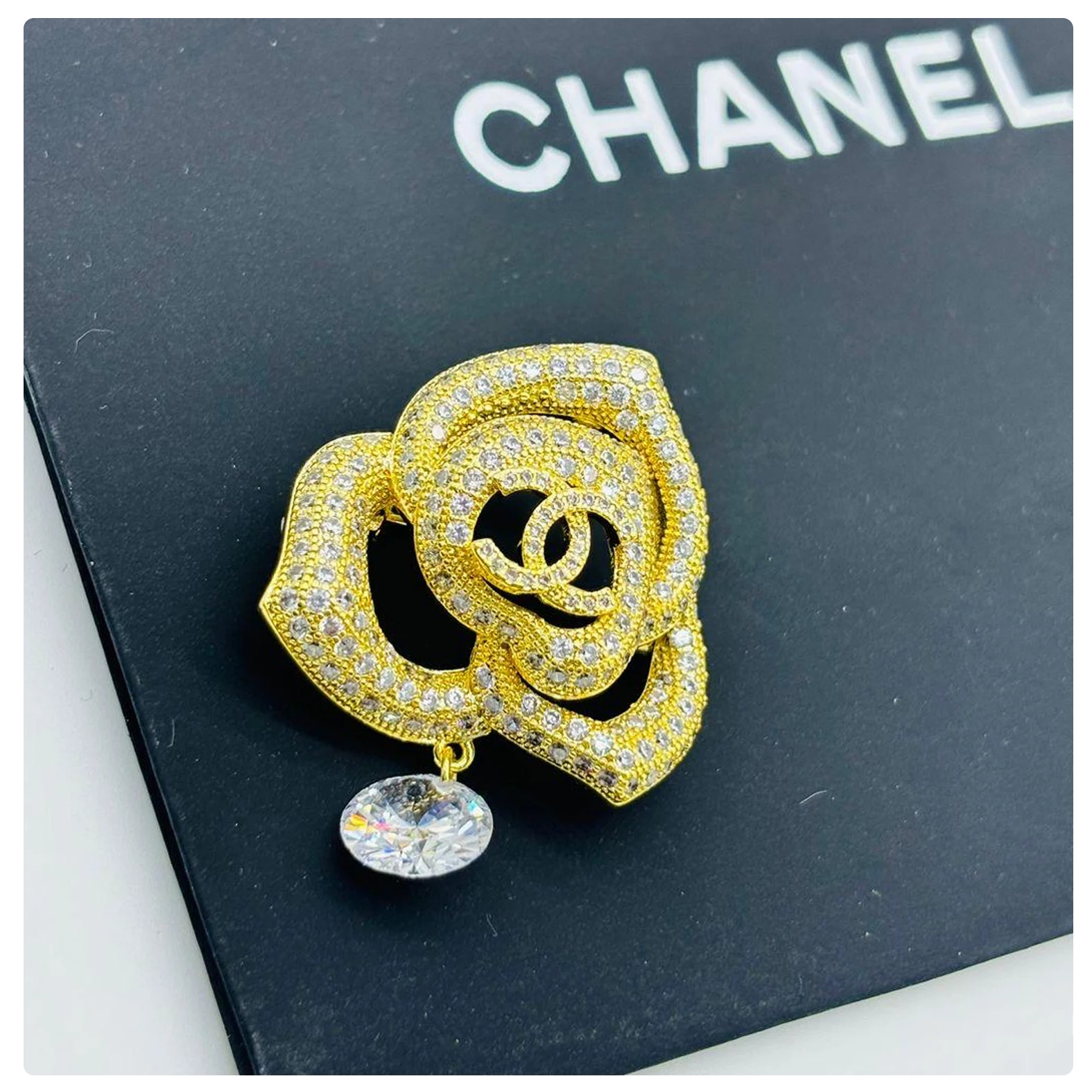 Chanel Gold Crystal & Diamond Drop Double “C” Brooch