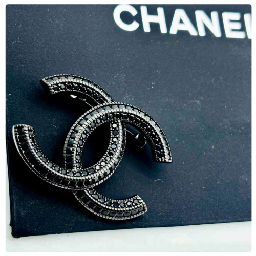 Chanel Black Crystal Logo Brooch