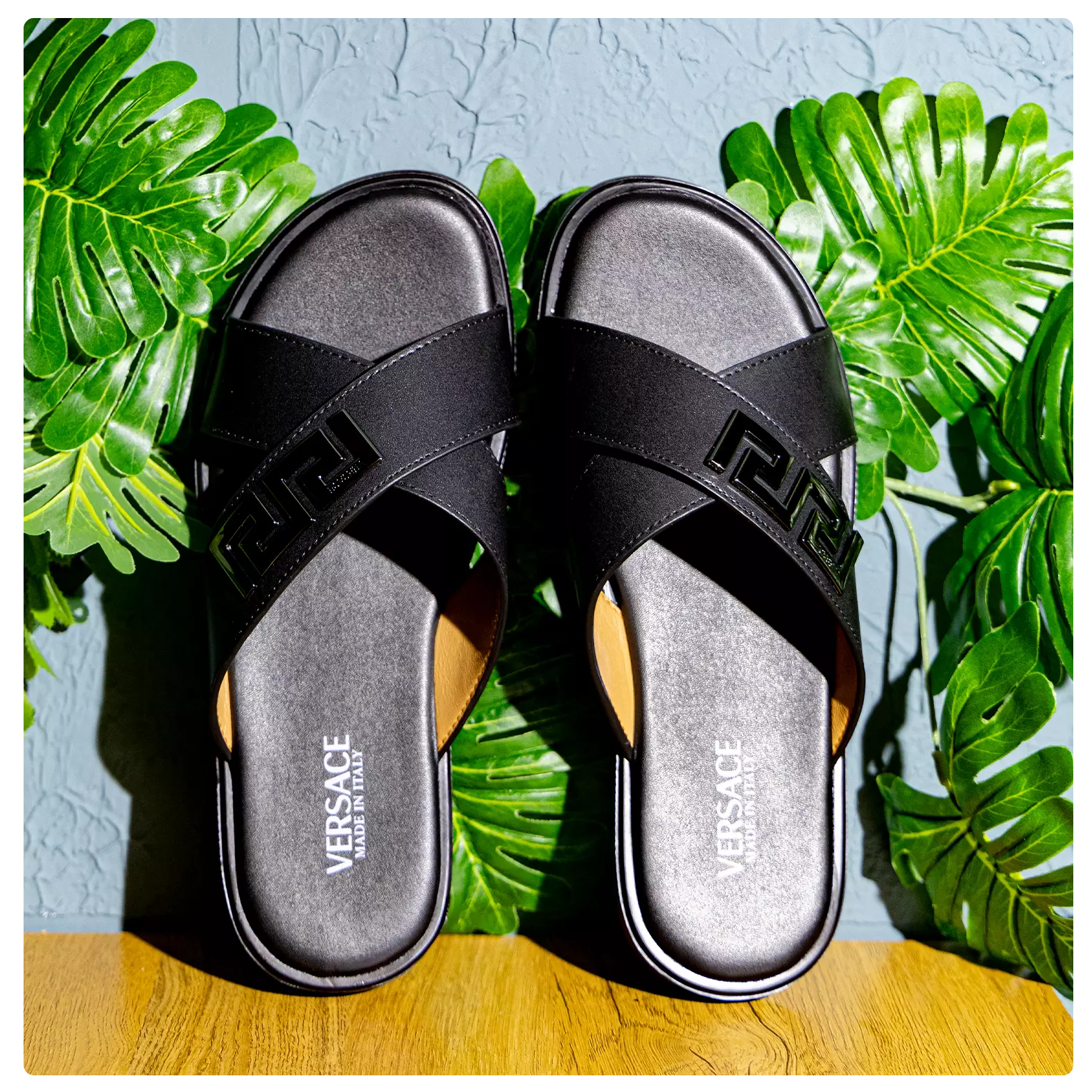 Versace-Inspired Black Crossover Slides