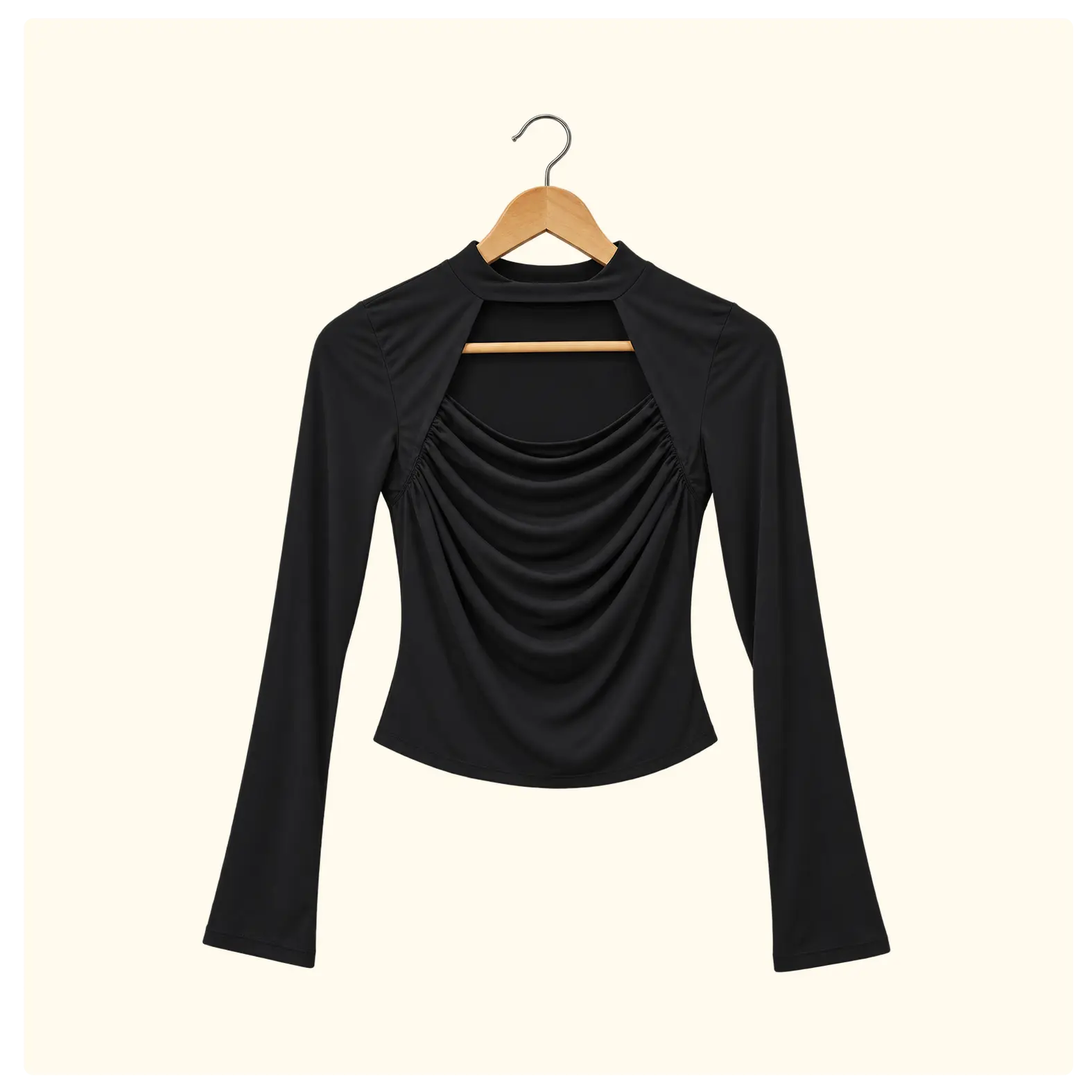Women’s Black Ruched Long-Sleeve Cut-Out Top