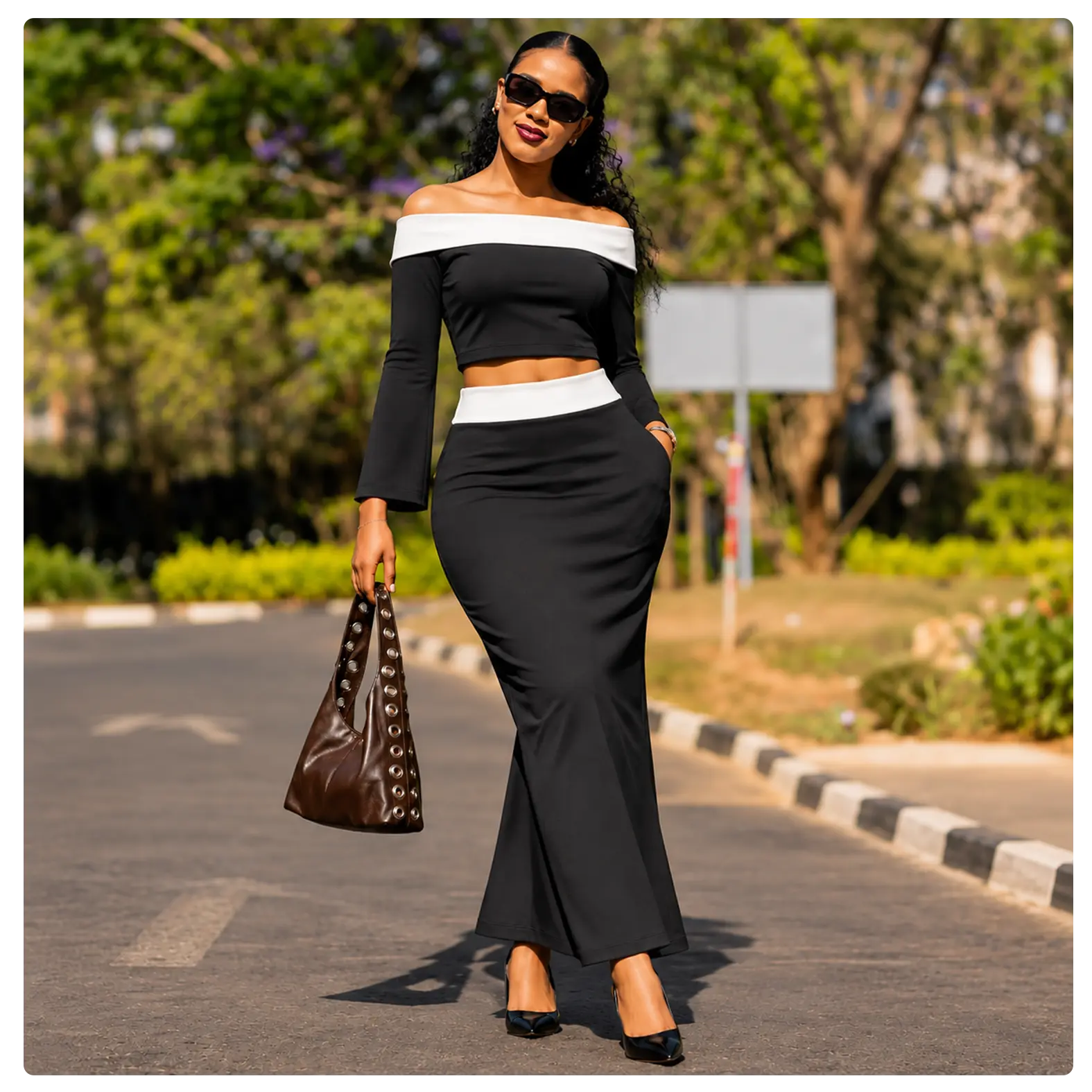 MOON MIX Women's Black & White Off-Shoulder Two-Piece Set - Image 2
