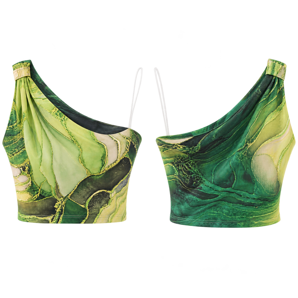 Kinzi Green Abstract One-Shoulder Crop Top