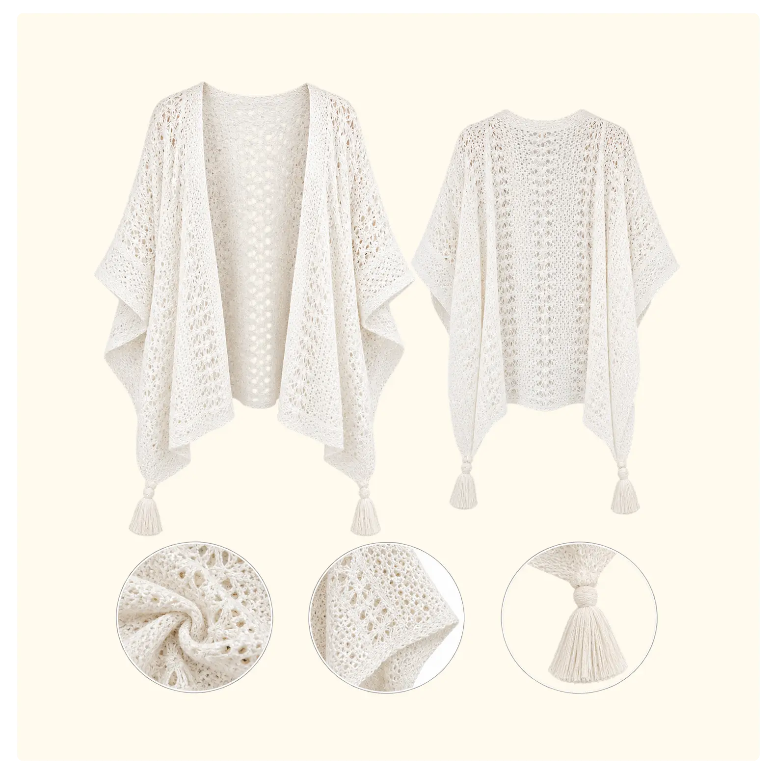 Women’s Ivory Crochet Tassel Kimono Cardigan
