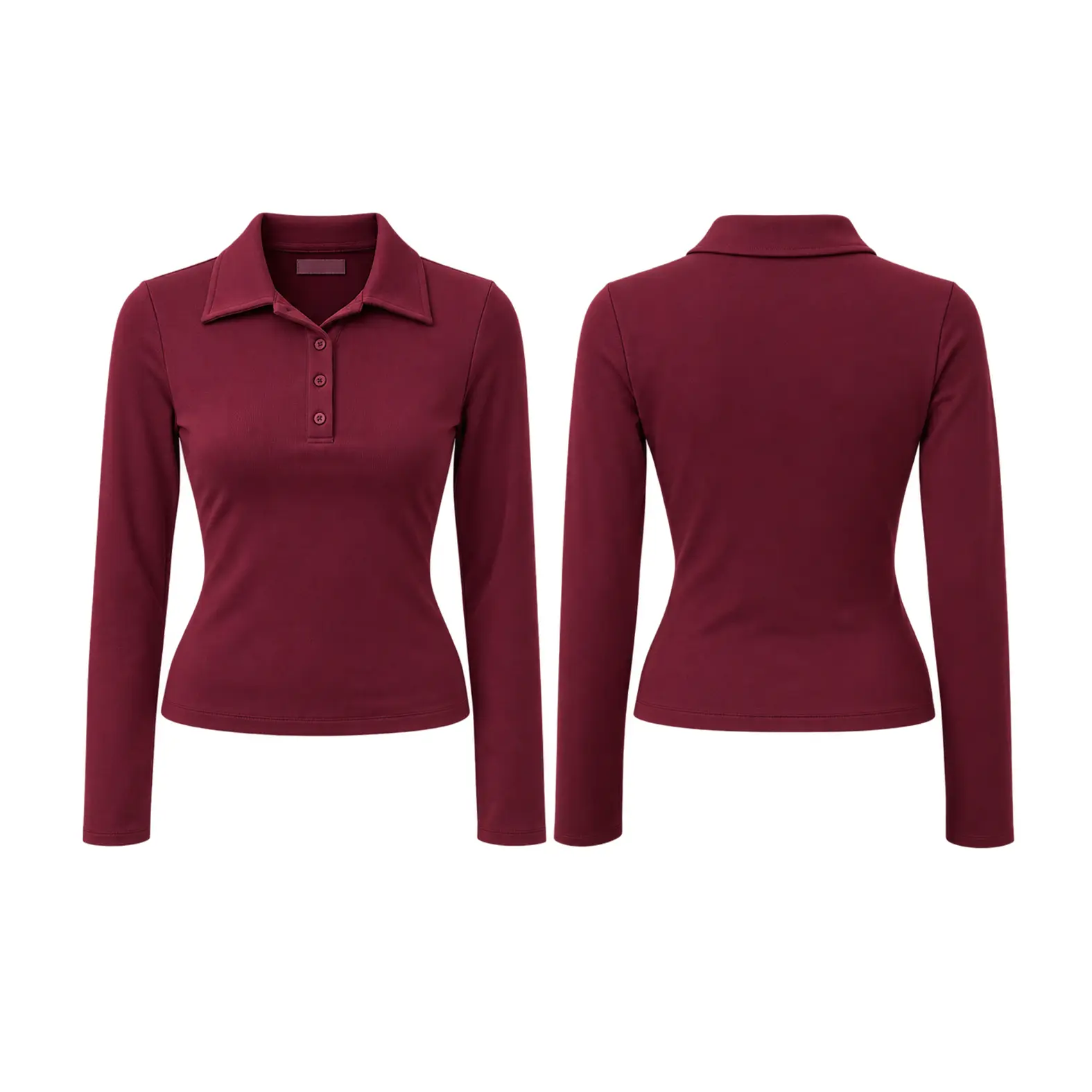 NEXT TREND Women's Burgundy Ribbed Long-Sleeve Polo Top