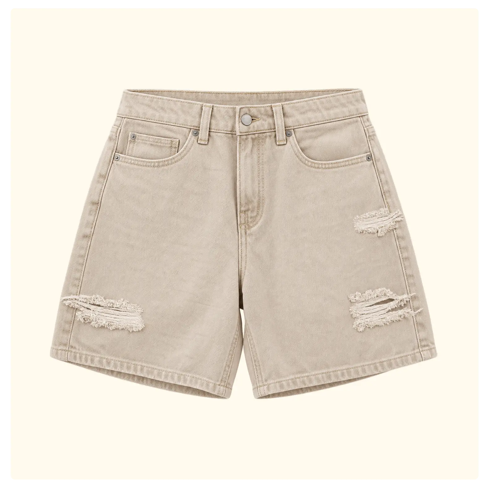 Women's Beige Distressed Denim Shorts