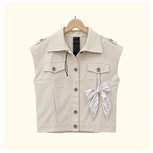 Women’s Cream Sleeveless Denim Vest with Bow Detail