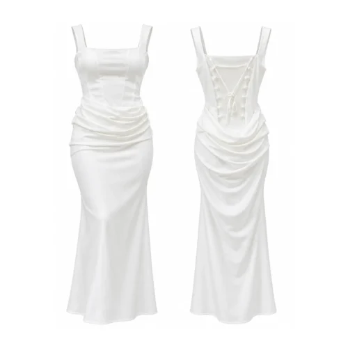 Women's White Ruched Maxi Dress
