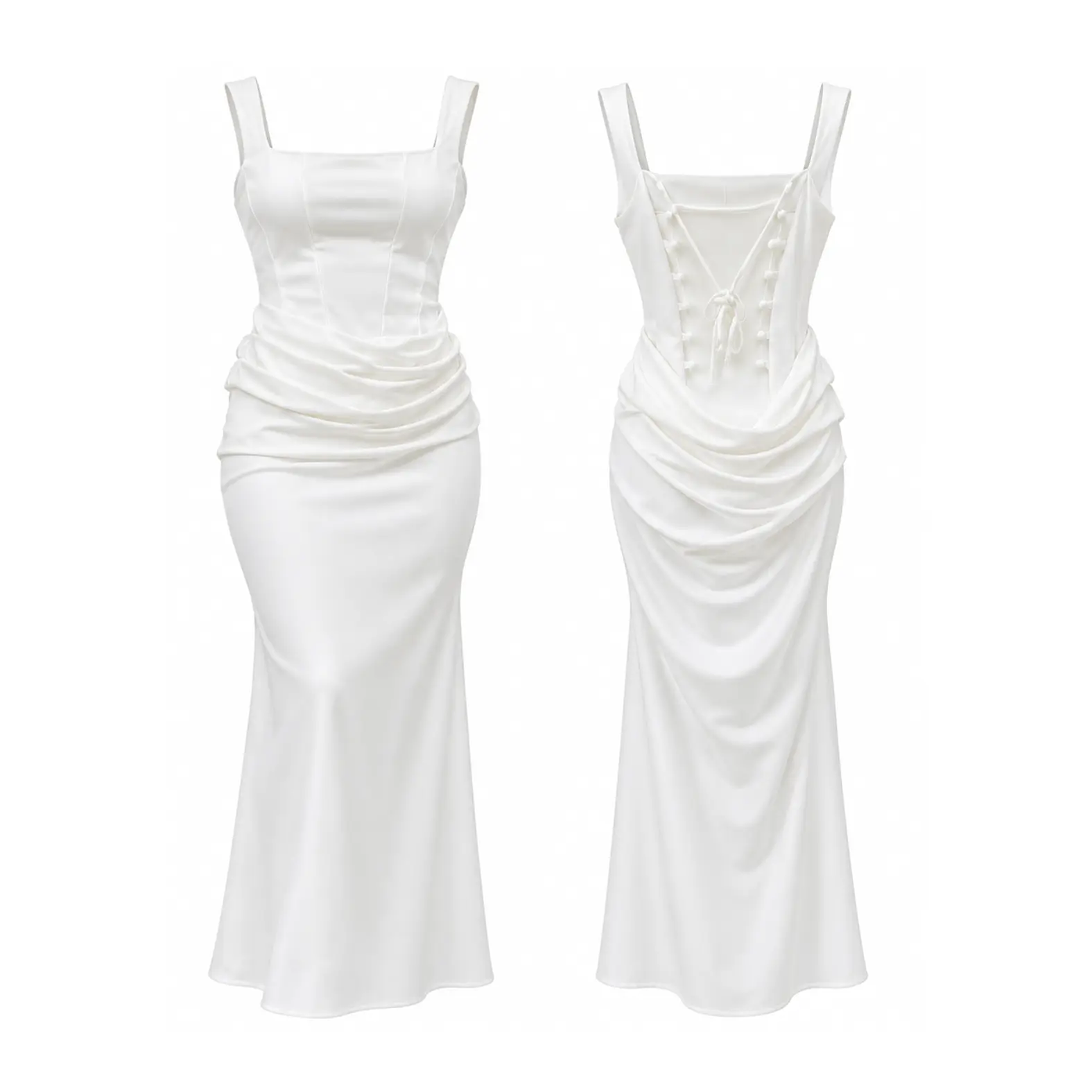 Women's White Ruched Maxi Dress