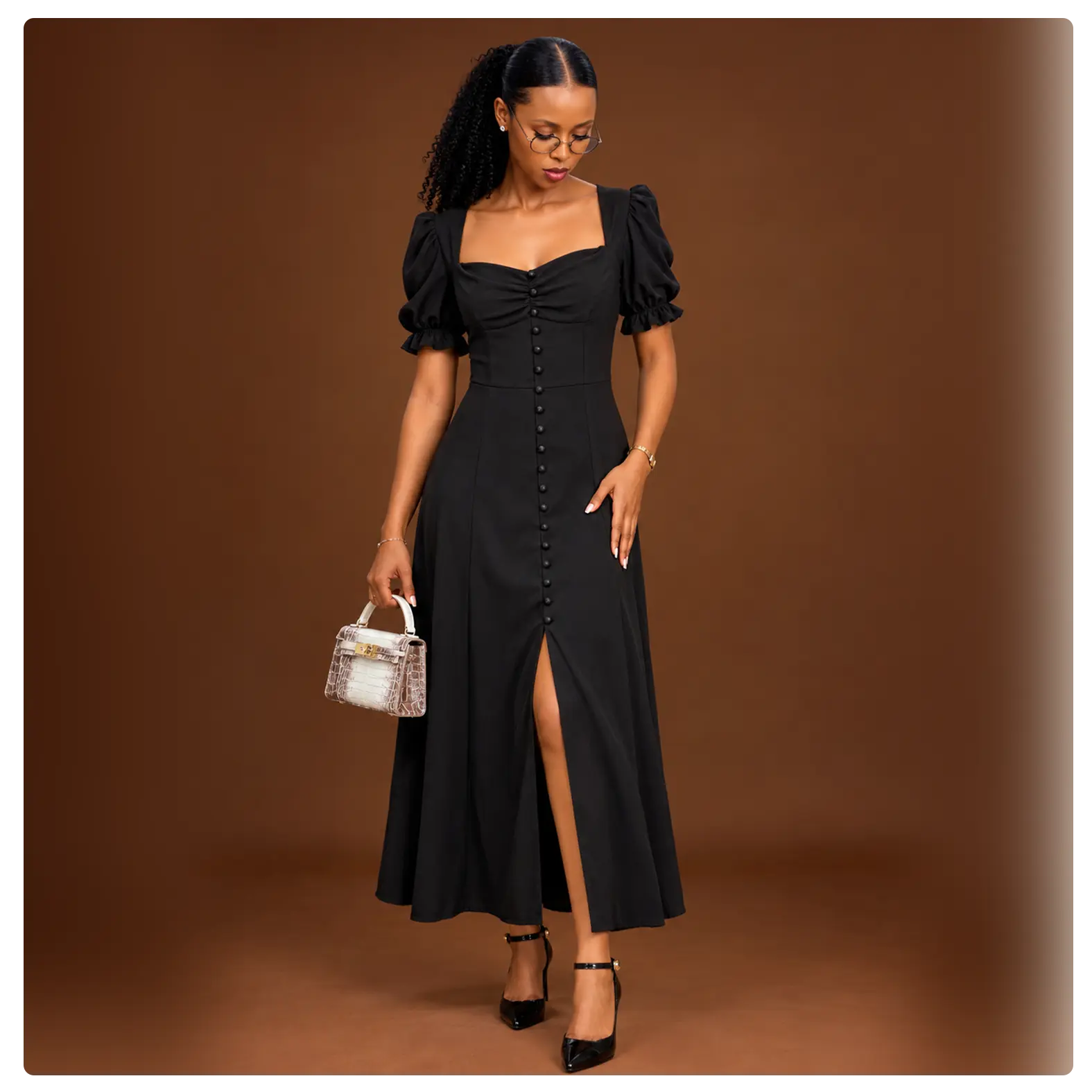 Women’s Black Button-Front Puff Sleeve Maxi Dress