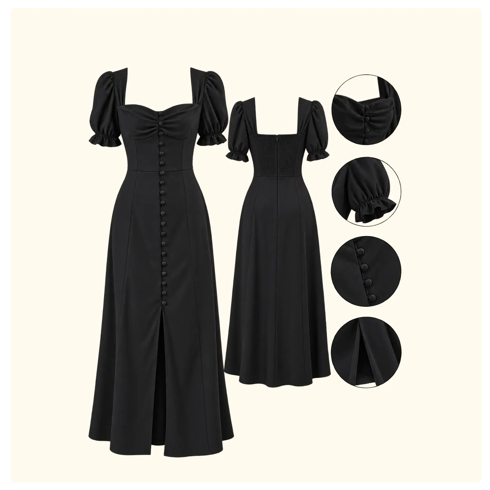 Women’s Black Button-Front Puff Sleeve Maxi Dress