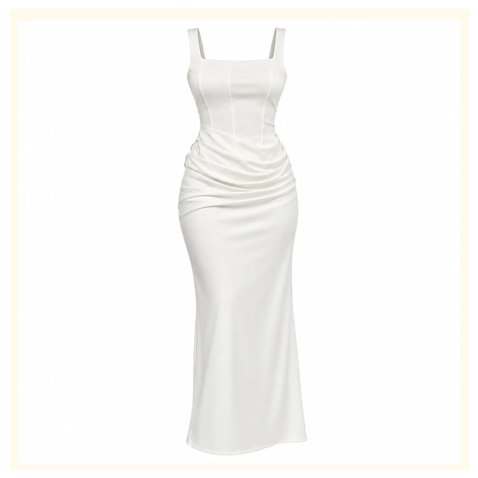 Ivory Ruched Square-Neck Maxi Dress