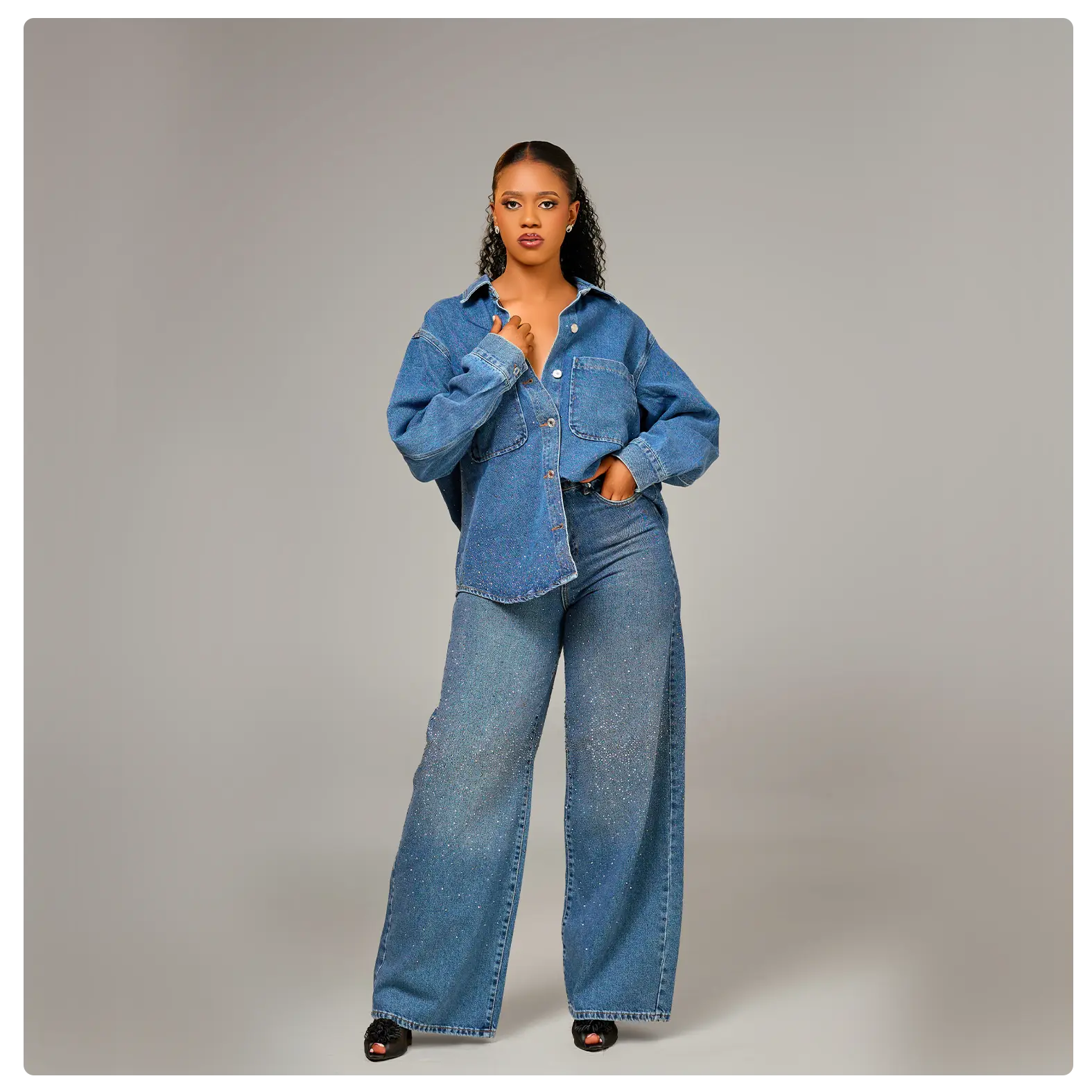 Women’s Rhinestone Denim Shirt & Wide-Leg Jeans Set - Image 4