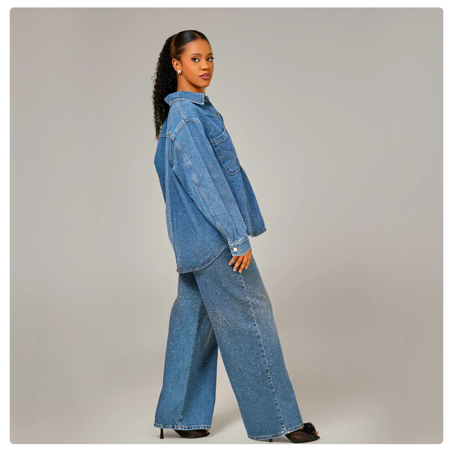 Women’s Rhinestone Denim Shirt & Wide-Leg Jeans Set - Image 2