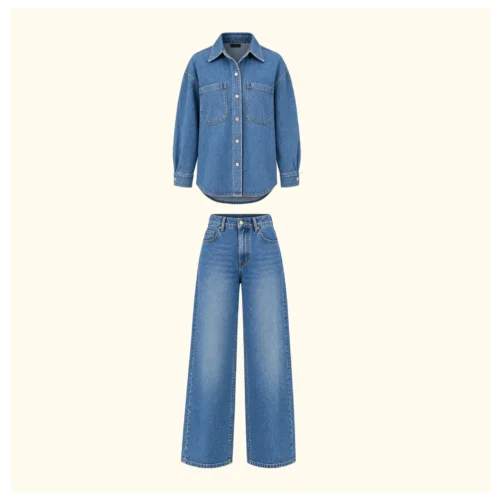 Women’s Rhinestone Denim Shirt & Wide-Leg Jeans Set