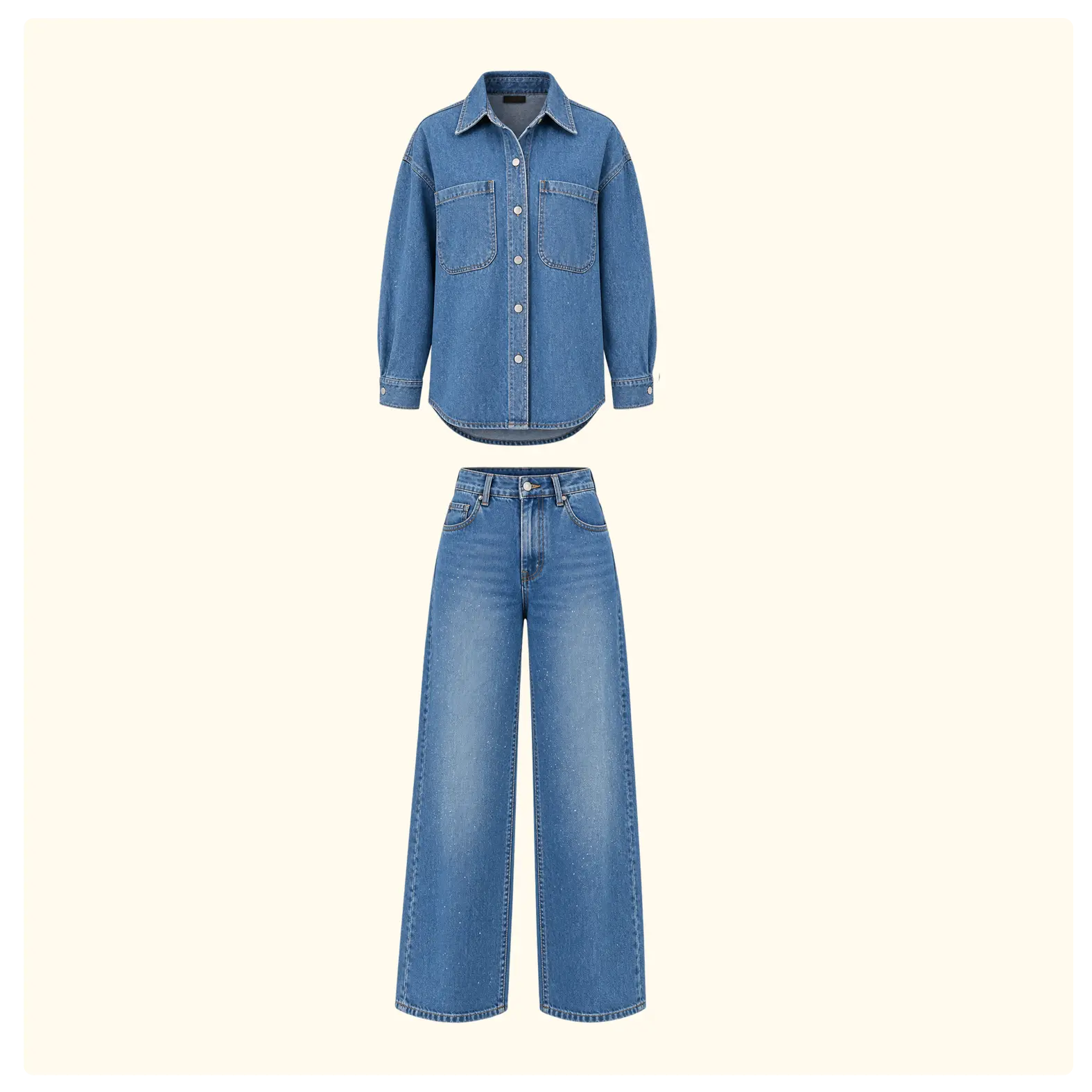 Women’s Rhinestone Denim Shirt & Wide-Leg Jeans Set