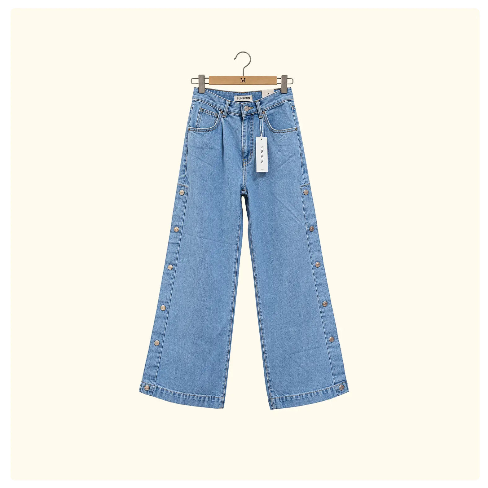 Women’s Light Blue High-Waist Wide-Leg Denim Jeans with Side Stud Details