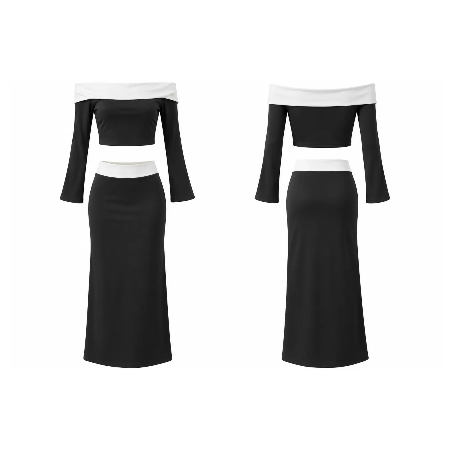 MOON MIX Women's Black & White Off-Shoulder Two-Piece Set