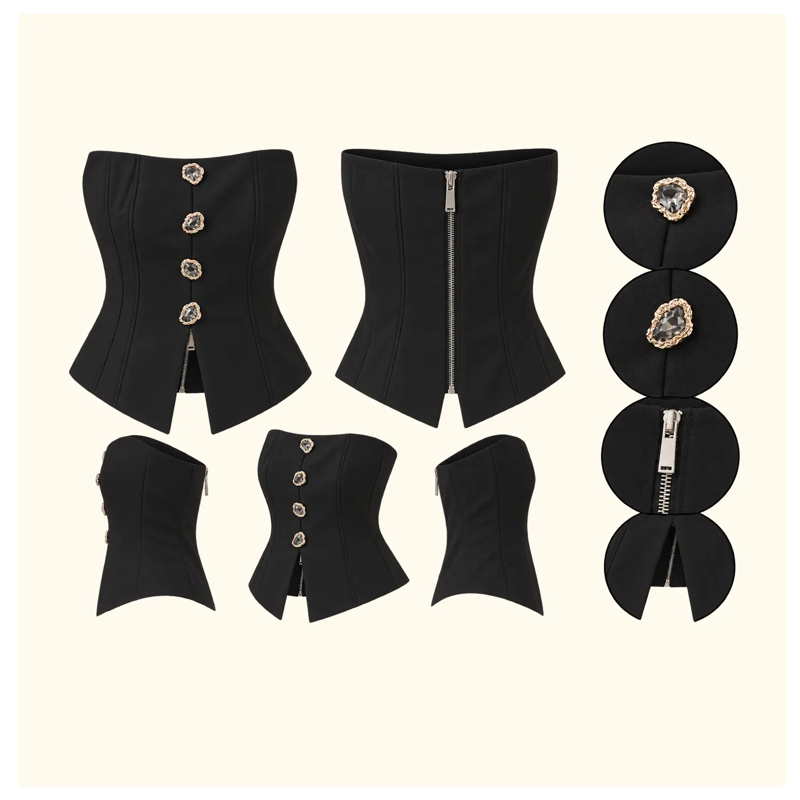 Women’s Black Strapless Corset Top with Crystal Buttons - Image 2