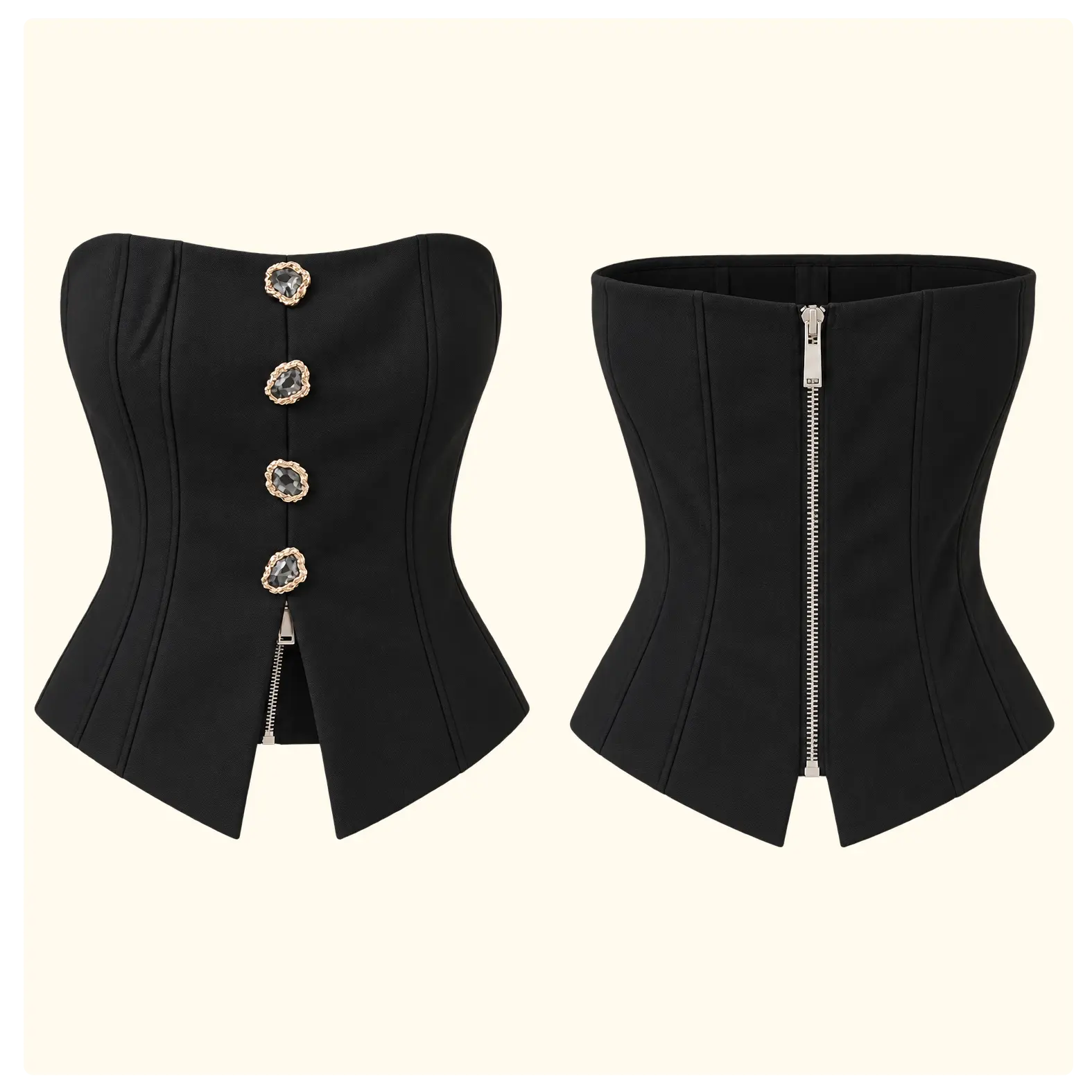 Women’s Black Strapless Corset Top with Crystal Buttons