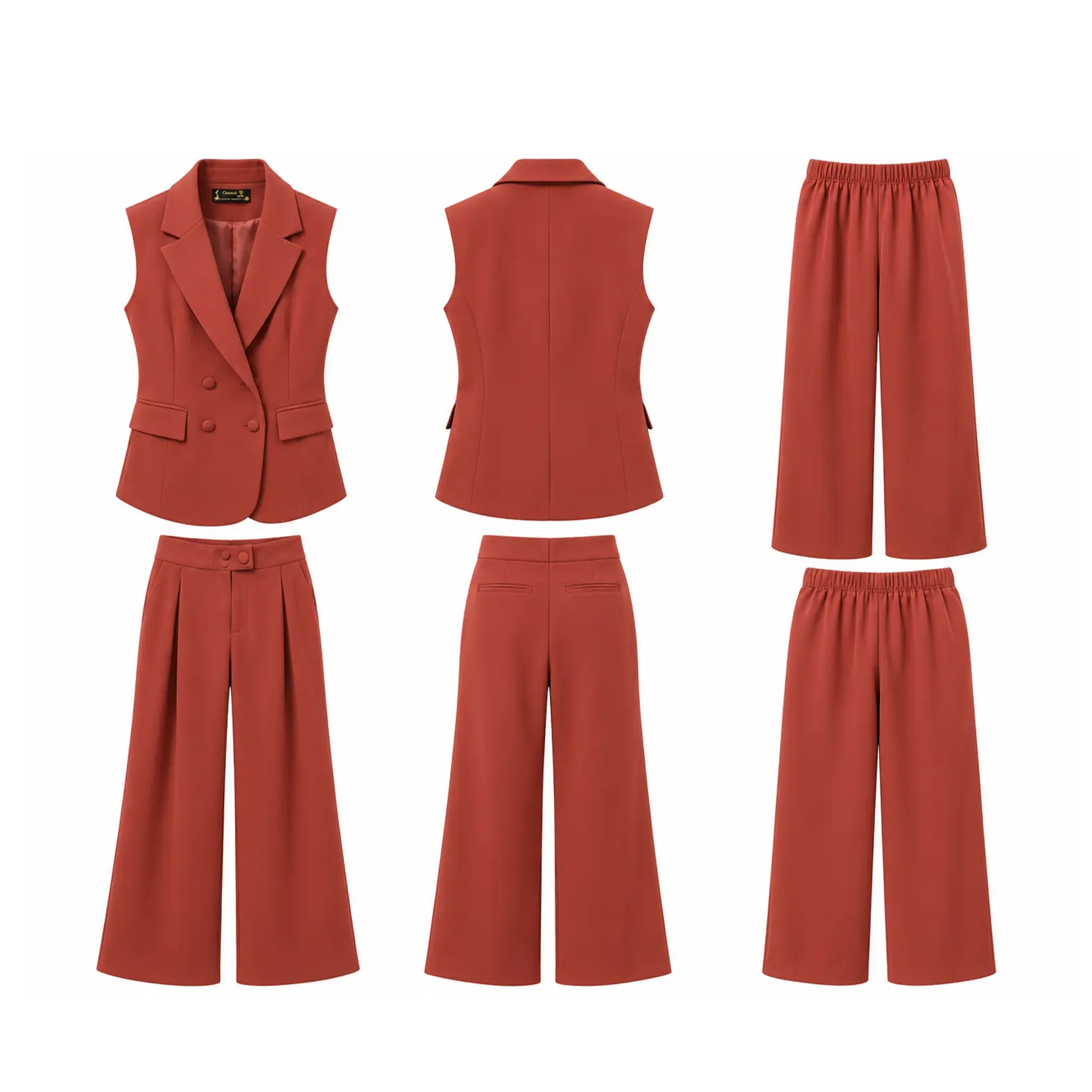 Women's Rust Sleeveless Blazer & Wide-Leg Pants Set